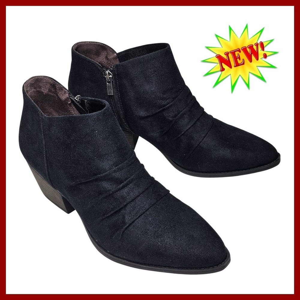 LifeStride Reba Ankle Boots Black Zip Pleated Block Heel Women US 11W‎ EU 42